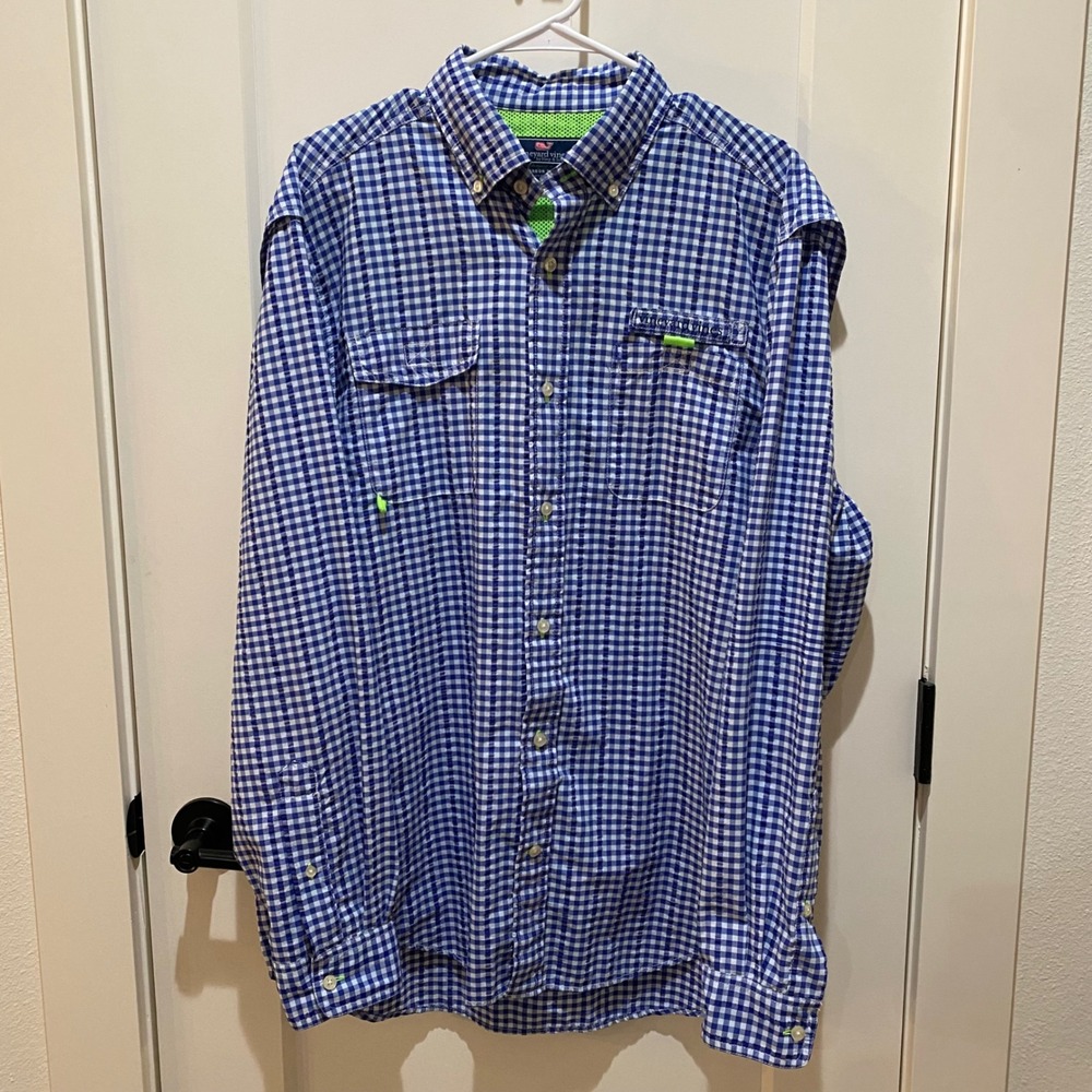 Vineyard Vines Harbor Shirt Mens Blue White Gingham Plaid Fishing Vented Med